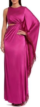 Mac Duggal Charmeuse Kaftan Sleeve Assymetrical Fringe Gown in Magenta at Nordstrom, Size 10