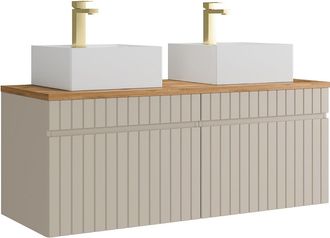 Vente-Unique Mueble de ba&ntilde;o suspendido estriado beige con lavabo sobre encimera cuadrado y grifo - 120 cm - SATARA