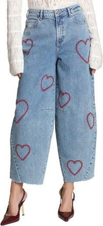 Avec Les Filles Heart Embroidered Barrel Jeans in Red Maeve/Blue Wash at Nordstrom Rack, Size 26