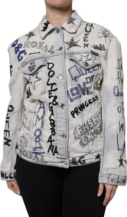 Dolce & Gabbana Womens Light Blue Graffiti Button Down Denim Jacket Cotton Elastane Clothing
