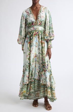 Camilla Floral Print Long Sleeve Button Front Silk Dress in Art For The Empress at Nordstrom, Size X-Large