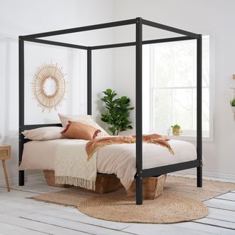 Birlea Four Poster Bed Frame Solid Wood 4 Poster Canopy Mercia in Black | Size: Double