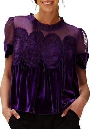 Generic Christmas Tops for Women UK Womens Velvet Lace Tops Casual Puff Short Sleeve Babydoll Shirts Flared Swing Blouse Ruffle Hem Patchwork Peplum Sweatshir