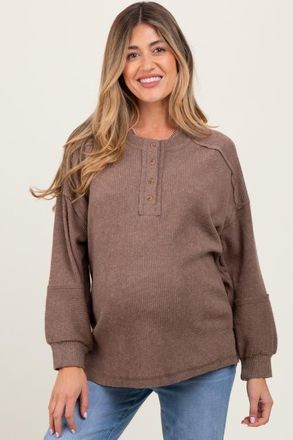 Pinkblush Oversized Ribbed Knit Henley Sweater in Mocha at Nordstrom, Size Large