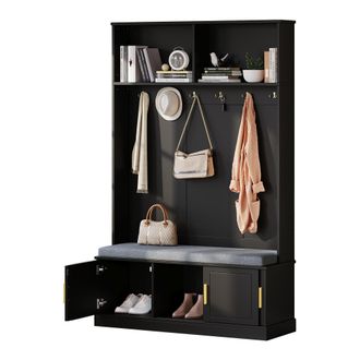 STILVORA Mobile Ingresso Con 6 Ganci, Panca Scarpiera E Ripiano Aperto, Stile Moderno, In Pannello Truciolare, Nero, 120&times;40&times;191 Cm