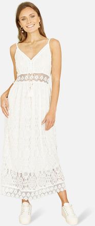 Yumi Lace Embroidered Tassel Tie Midi Dress in White at Nordstrom, Size Medium