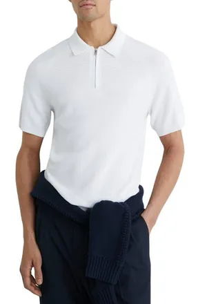 Reiss Estate Textured Stitch Zip Polo in White at Nordstrom, Size X-Small