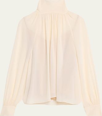Vince Gathered Long-Sleeve Crepe Blouse