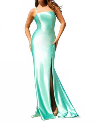 Faviana Womens Satin Straight Neck Slit Lace Up Dress In Periwinkle
