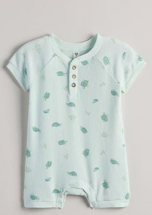 Nordstrom Waffle Knit Henley Romper in Green Veil Turtle Toss at Nordstrom, Size 12M