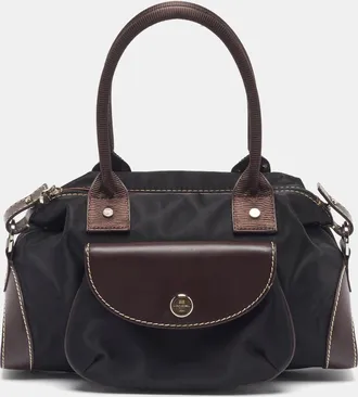 Lancel Front Pocket Black/dark Brown Nylon And Leather Satchel