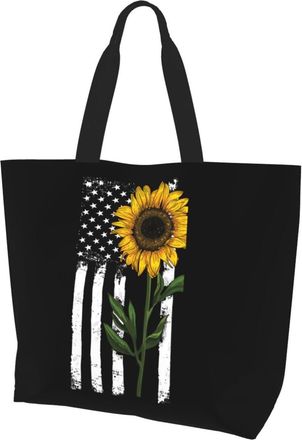 AOOEDM American Flag Sunflower Ladies Canvas Tote Reusable Shopping Bag