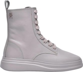 Tommy Hilfiger Sportieve leren platte laars - Dames - Veterlaarzen - Grijs - 40 EU - Leer - Schoenen