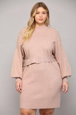 Fate Pearl Embellished Belted Sweater Dress - Plus In Mocha
