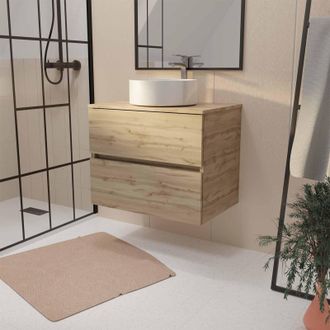 Aurlane Aurlane - Mueble De Ba&ntilde;o 70 Cm Decorado Roble 2 Cajones Lavabo Blanco De Sobreponer