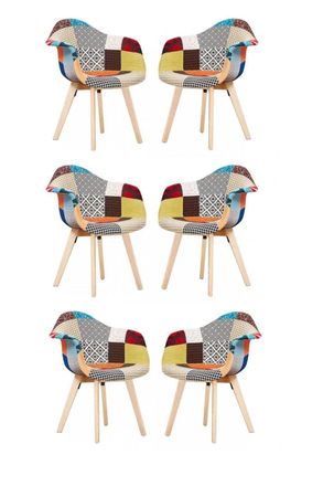 Life Interiors Set of 6 Patchwork Fabric Upholstered Accent Chairs with Wooden Legs, Mid-Century Modern Armchair