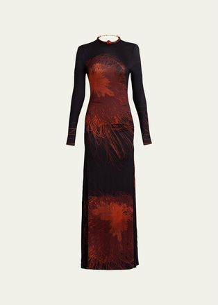 Silvia Tcherassi Gabbice Bead Tubular Collar Long-Sleeve Maxi Dress