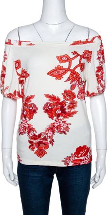 Roberto Cavalli White And Red Floral Print Off Shoulder Top