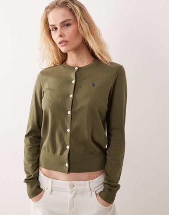 Polo Ralph Lauren Cardigan in maglia sottile di cotone pima verde medio con logo iconico