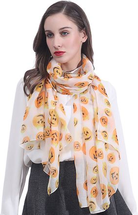 Lina & Lily Halloween Pumpkin Print Womens Scarf Shawl Wrap Lightweight (White)