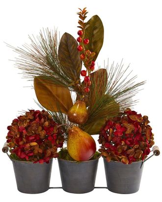 Nearly Natural 17In. Fall Hydrangea, Pears, & Magnolia Leaf Artificial Arrangement In Trio Metal Vase