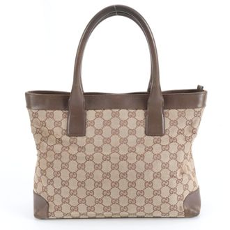 Gucci Brown Leather Canvas Handbag Tote Bag (Pre-Owned)