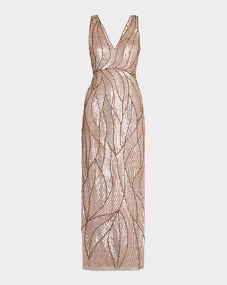 Aidan Mattox Sleeveless Bead & Sequin Column Gown