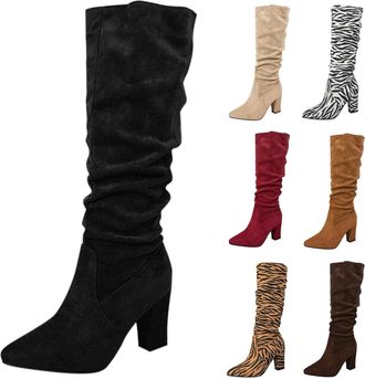 Generic black leather knee high boots women Knee High Boots Women Slim Calf Sexy Stiletto Heels Winter Boot Comfortable Pointed Toe Pull On Suede Slouch Ridin