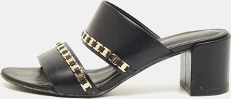 Ferragamo Black Leather Trabia Chain Block Heel Slide Sandals
