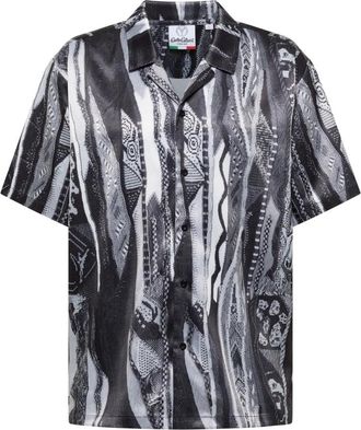 Carlo Colucci Shirt met gebreide print - Heren - Korte mouwen Overhemden - Zwart - L - Polyester - Overhemden