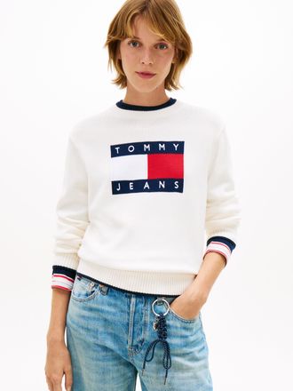 Tommy Jeans Strickpullover TOMMY JEANS TJW TIPPING FLAG SWEATER EXT, Damen, Gr. XXL (44), ancient wei&szlig;, Strick, Obermaterial: 100% Baumwolle, unifarben, Pullover 