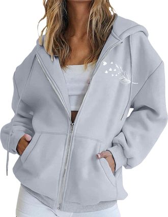 Generic Womens Letter Print Full-Zip Hooded Sweatshirt - Casual Comfort Pullover, Drawstring Hem Hoodie Design, Relaxed Weekend Style Essential for Urban Ladi