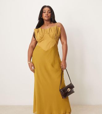 Asos Curve ASOS DESIGN Curve hybrid corset bias midaxi dress in ochre-Yellow