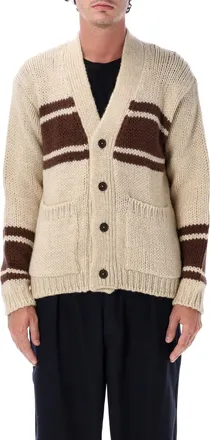 Universal Works Chunky Knit Cardigan with Contrasting Stripes and Heritage Aesthetic