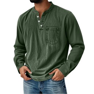 Generic Rugby Shirts for Men Henley Shirts for Men Long Sleeve Pullover Polo Rugby Shirt Vintage Button Up Country Distressed Western Washed T-Shirt Green 5XL