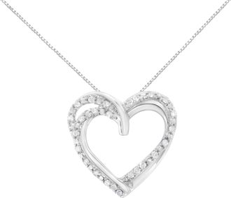House of Brilliance 925 Sterling Silver 1/4 cttw Prong Set Round-Cut Diamond Woven Double Heart 18 Pendant Necklace