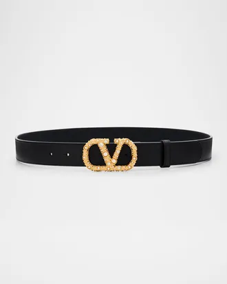 Valentino Garavani VLogo Signature Rhinestone & Faux Pearl Leather Belt, 30mm