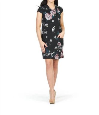 Papillon Rose Print Sweater Dress With Foldover Collar In Black