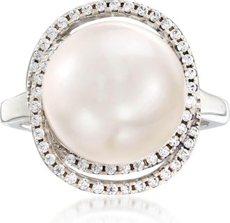 Ross-Simons Italian 12mm Cultured Pearl and. CZ Ring in Sterling Silver