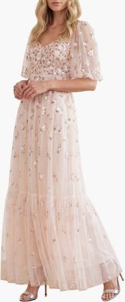 Needle & Thread Meadow Ditsy Sweetheart Ankle Gown in Cream/peach at Nordstrom, Size 14