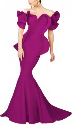 MNM Couture Crepe Ruffle Gown In Cherry Magenta
