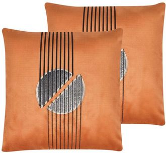 Beliani Conjunto De 2 Cojines Decorativos Naranja Terciopelo Patr&oacute;n Geom&eacute;trico 45 X 45 Cm Cremallera Dormitorio Sala De Estar Glamour Ceropegia