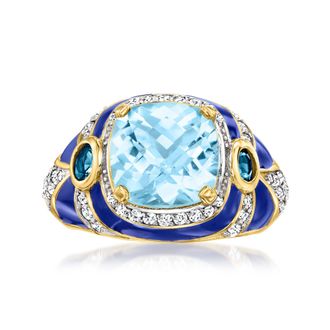 Ross-Simons London and Sky Blue Topaz and. White Zircon Ring With Blue Enamel in 18kt Gold Over Sterling