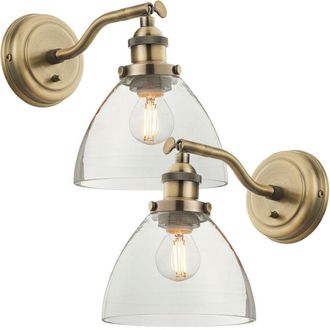 Loops 2 PACK Dimmable LED Wall Light Antique Brass Glass Shade Adjustable Lamp Fitting in Clear