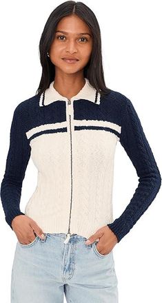 Madewell Colorblock Kerry Zip Cotton Boucle Cardigan Womens Sweater Navy And Ivory Color-block : LG (Womens 10-12)
