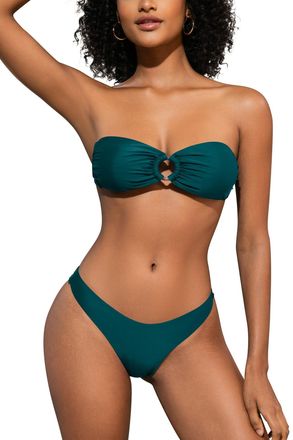 SHEKINI Womens Two Piece Swimsuit O Ring Strapless Bandeau Bikini Sets for Women with Sexy High Cut Cheeky Bottoms Beach Brazilian Swimwear, Peacock Blue, XS