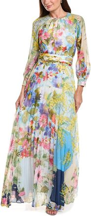 Teri Jon by Rickie Freeman Long Full Sleeve Patchwork Print Pleated Gown