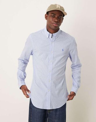 Polo Ralph Lauren Camicia slim in popeline elasticizzato pied de poule azzurra con logo e stampa-Blu