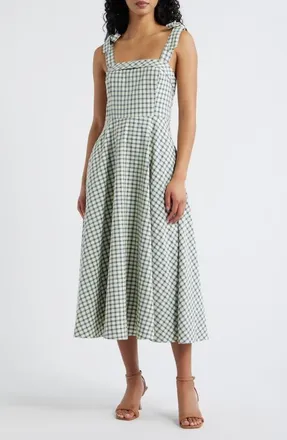 Lulus Shay Gingham Tie Shoulder Cotton Midi Dress in Blue/White at Nordstrom, Size X-Large