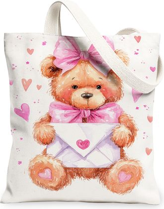 Generic Cute Bear Canvas Tote Bags, Adorable Animal Heart Pattern Reusable Bags, Vintage Floral Lightweight Washable Shoulder Strap, Peach, 13x15 Inch